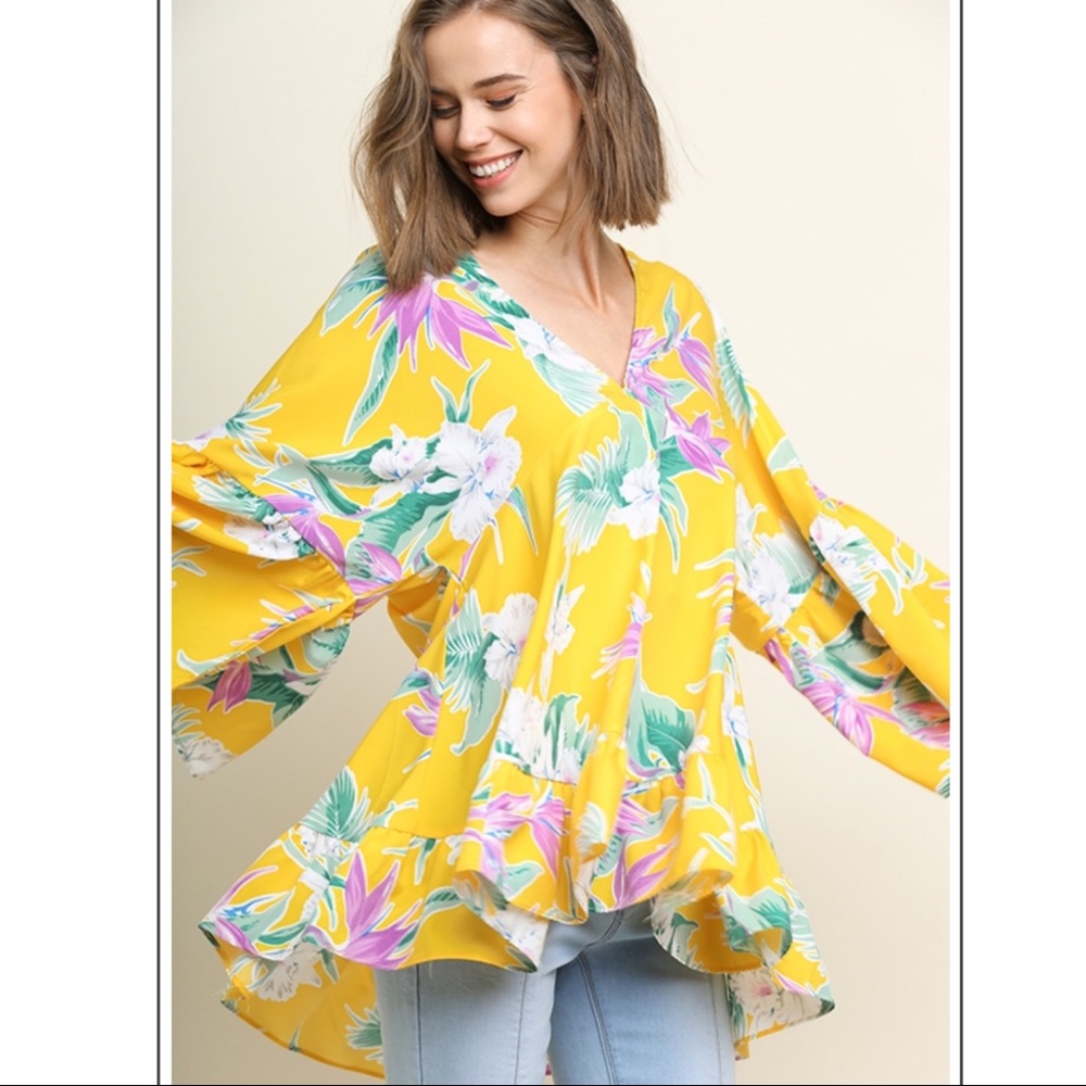 Tropical Print Bell Sleeve V-Neck Hi Lo Blouse - Picture 2 of 10